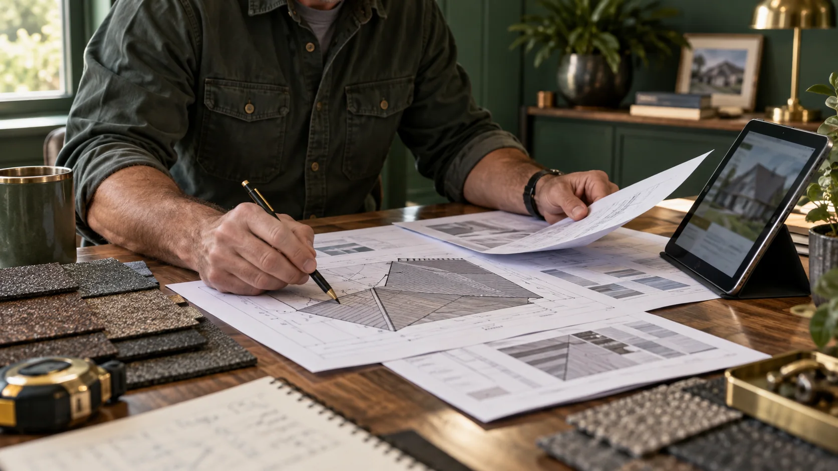 Roofing measurements and estimate documents being reviewed